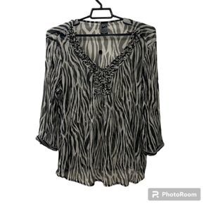 Casual Studio Black White Animal Print Rayon Raffled V-Neck Sheer LS Top Size XL